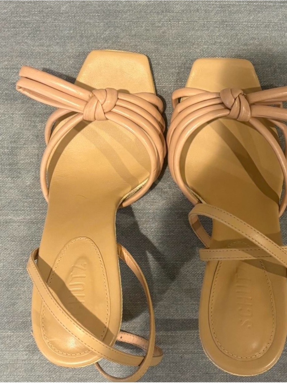SCHUTZ Leather knotted, strappy, square toe heeled sandals— Tan, 9.5, never worn